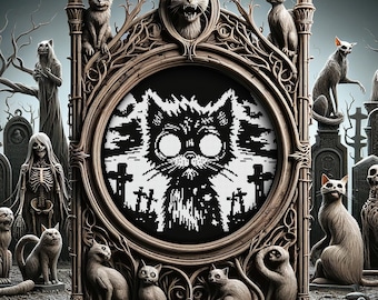 Könnte beinhalten: Ein schwarz-weißes Pixelbild einer Katze in einem runden Rahmen, umgeben von einem Friedhof mit skelettartigen Katzen und Grabsteinen. Der Rahmen ist aus verziertem Holz mit einem gotischen Design.