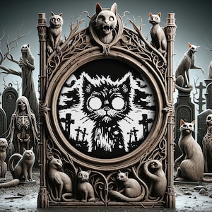 Puede incluir: Una imagen pixelada en blanco y negro de un gato en un marco circular, rodeada de un cementerio con gatos esqueléticos y lápidas. El marco está hecho de madera adornada con un diseño gótico.