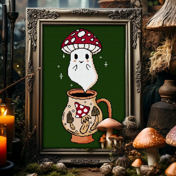 Mushroom Tea Ghost Cross Stitch Pattern Horror Gift for Goth X-Stitch Funny Spooky Creepy Cross Stitch Modern  Occult Potion Coffee