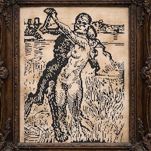 May include: A framed black and white cross-stitch artwork depicting a skeletal figure embracing a nude figure in a field. The artwork is in a dark brown ornate frame. A human skull rests on a stone surface.