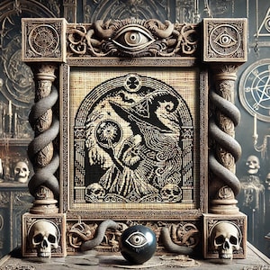 Holzschnitt Orakel Hexe Kreuzstich Muster Horror Geschenk für Goth X-Stitch Witchy Holzschnitt Spooky Schlange Kristallkugel Halloween Modern Xstitch