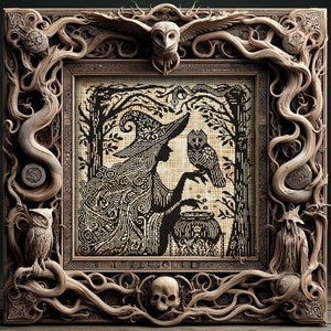 Könnte beinhalten: Ein gerahmtes Kreuzstich-Kunstwerk mit einer Hexe mit einer Eule, einem Kessel und Bäumen. Der Rahmen ist aufwendig mit Eulen, einer Schlange, einem Schädel und anderen mystischen Elementen geschnitzt. Das Kunstwerk ist in Schwarz- und Beigetönen gehalten.