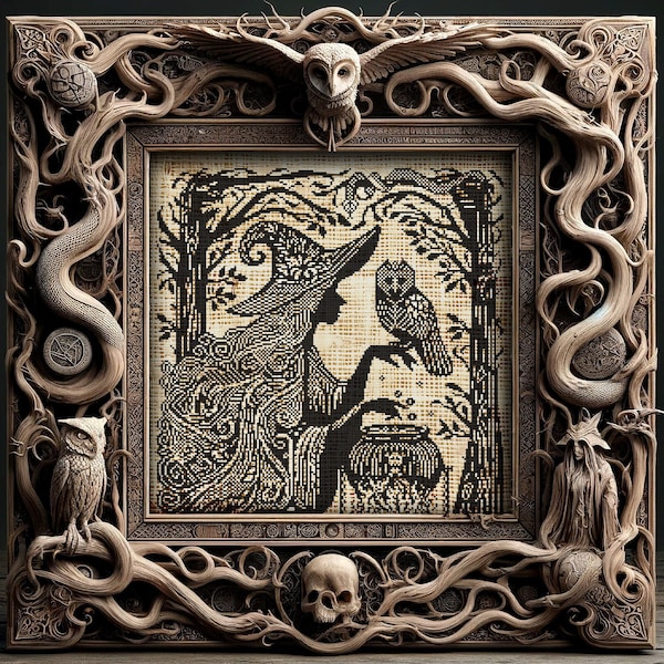 Wood Witch 2 Cross Stitch Pattern Horror Gift for Goth X-Stitch Witchy Raven Woodcut Spooky Owl Snake Cauldron Halloween Modern Xstitch