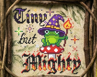 Tiny But Mighty Frog Cross Stitch Pattern Gift for Goth X-Stitch Witchy Spooky Snarky Whimsical Funny Animal Swampcore Halloween Cottagecore