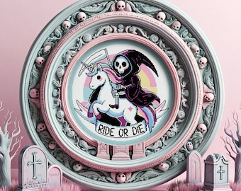 Grim Reaper on Unicorn Pastel Goth Cross Stitch Pattern Ride or Die Horror Gift for Goth X-Stitch Spooky Creepy  Cute Modern Cross Stitch