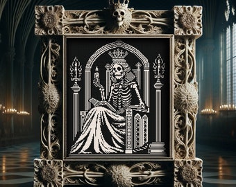 Skelet koningin kruissteek patroon horror cadeau voor Goth X-Stitch Witchy occulte donkere ondoden spookachtige schedel Halloween houtsnede moderne xstitch