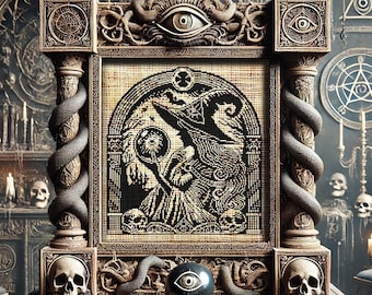 Puede incluir: Una obra de arte detallada de estilo gótico con una imagen central enmarcada de una bruja. El marco está adornado con calaveras, serpientes y un símbolo de ojo. La paleta de colores es principalmente negra y beige, con un ambiente oscuro y misterioso.