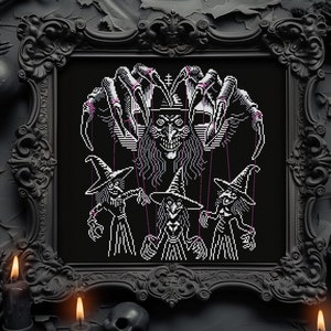 Puppentheater Kreuzstichmuster Puppenspieler Horror Geschenk für Goth X-Stitch Hexerei Hexe Spooky Snarky Halloween Modern Xstitch Chart