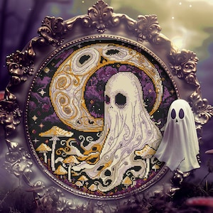 May include: A framed cross-stitch embroidery depicting a ghost in a moonlit forest. The ghost is white and translucent, with a swirling design. The moon is yellow and crescent-shaped, with a purple and gold background. The forest is dark and mysterious, with mushrooms and trees.