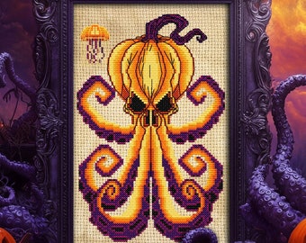 May include: A cross-stitch pattern of a pumpkin-shaped octopus with purple tentacles. The octopus is framed in a black frame with a white mat. The background is a dark purple and orange.