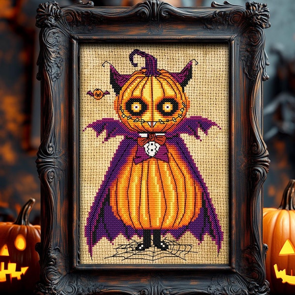Graf Pumpcula Kreuzstichmuster Goth Geschenk für Goth X-Stitch Snarky Spooky Halloween Jack O'Lantern Kürbis Modern Mini Cross Stitch