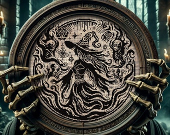 May include: A skeletal hand holds a circular wooden frame with a black and white embroidered design of a witch with swirling patterns and symbols. The frame is ornate and has a dark wood finish.