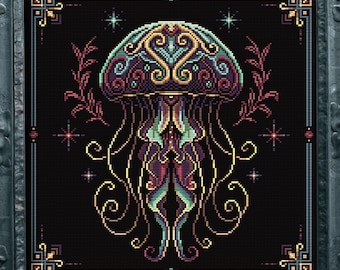 Gilded Medusa Jellyfish Cross Stitch Pattern X-Stitch Spooky Creepy Art Nouveau Deepsea Creature Gothic Gift for Halloween Ocean Modern Easy
