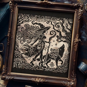 Woodcut Wanderer Witch Cross Stitch Pattern Horror Gift for Goth X-Stitch Spooky Witchy Monochrome Wolf Mushroom Halloween Modern Xstitch