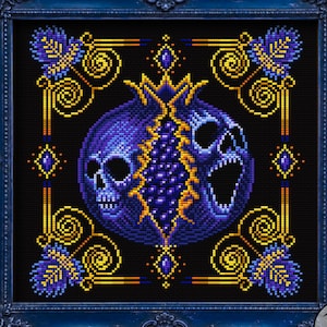 May include: A cross-stitch pattern featuring a central purple pomegranate split open to reveal two skulls, framed by gold and purple scrollwork and floral motifs. The design is set against a black background and enclosed in a dark blue ornate frame.
