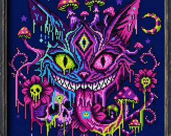 Psychedelic Cheshire Cat Cross Stitch Pattern Alice in Wonderland Gift for Goth X-Stitch Halloween Modern Chart Neon Trippy Mushroom