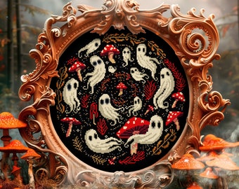 Spirals, Mushrooms, and Ghosts Cross Stitch Pattern Spooky Gift for Goth X-Stitch Funny Horror Creepy Moon Magic Mushroom Modern Occult