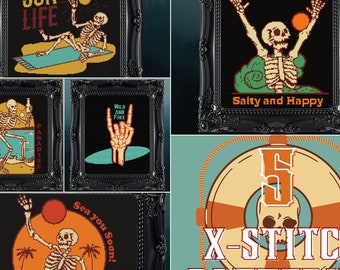 Conjunto de 5 padrões de ponto cruz de esqueletos de verão - Presente para góticos, ponto cruz divertido, ponto cruz de Halloween, ponto cruz moderno
