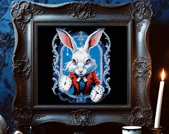 White Rabbit We're All Mad Here Cross Stitch Pattern Alice in Wonderland Cheshire Cat XStitch Witchy Spooky Cross Stitch Chart Modern Gothic