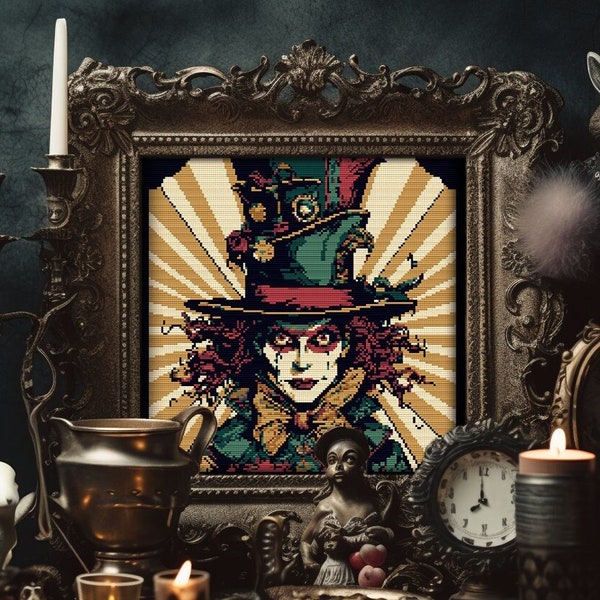 Mad Hatter We're All Mad Here Cross Stitch Pattern Alice in Wonderland Cheshire Cat X-Stitch Witchy Spooky Cross Stitch Chart Modern Gothic