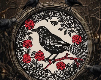 Raven Woodcut Crow Cross Stitch Pattern Horror Gift for Goth X-Stitch Witchy Blackwork Spooky Modern Cross Stitch