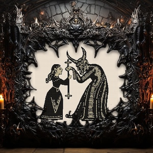 Hexe und Teufel Holzschnitt Kreuzstichmuster Horror Geschenk für Goth X-Stich Witchy Blackwork gruselige moderne Kreuzstichvorlage