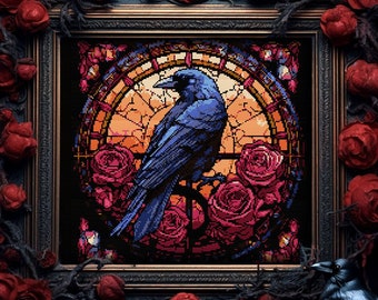 Stained Glass Raven and Roses Cross Stitch Pattern Gothic Gift for Goth X-Stitch Witchy Spooky Halloween Animal Cross Stitch Modern