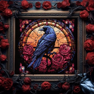 Stained Glass Raven and Roses Cross Stitch Pattern Gothic Gift for Goth X-Stitch Witchy Spooky Halloween Animal Cross Stitch Modern