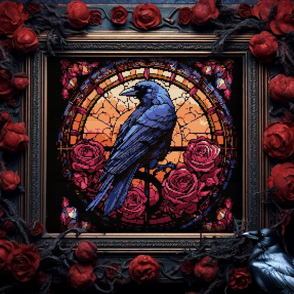 Stained Glass Raven and Roses Cross Stitch Pattern Gothic Gift for Goth X-Stitch Witchy Spooky Halloween Animal Cross Stitch Modern