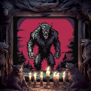 May include: A pixelated werewolf with glowing red eyes stands in a dark forest, framed by a dark wooden frame with wolf statues on either side. The werewolf is illuminated by a red moon and surrounded by candles.