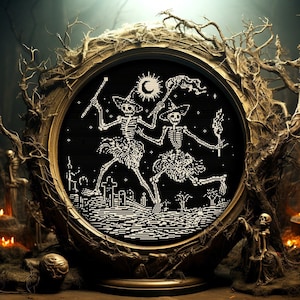 May include: A black and white pixelated image of two skeletons wearing witch hats and dancing in a graveyard setting. The image is framed in a dark wooden frame with a distressed finish. The frame is surrounded by branches and vines.
