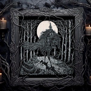 Baba Yaga&#39;s Hut Cross Stitch Pattern Horror Gift for Goth X-Stitch Witchy Blackwork Spooky Cross Stitch Halloween Cross Stitch Modern