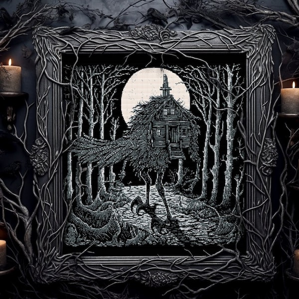 Baba Yaga's Hut Cross Stitch Pattern Horror Gift for Goth X-Stitch Witchy Blackwork Spooky Cross Stitch Halloween Cross Stitch Modern