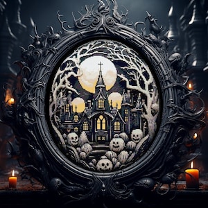 Halloween Snow Globe Cross Stitch Pattern Horror Gift for Goth X-Stitch Blackwork Spooky Cross Stitch Haunted House Cross Stitch Modern