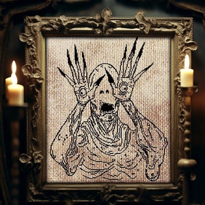 Puede incluir: Una ilustración en blanco y negro de una criatura con dedos largos y una boca grande abierta. La criatura está representada en un estilo angustioso, angustioso o angustioso. La ilustración está enmarcada en un marco de madera oscura.