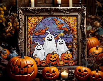 ステンドグラスの魔女クロスステッチパターン：ゴシックハロウィン