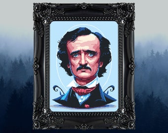 Puede incluir: Un retrato enmarcado de Edgar Allan Poe, un famoso autor estadounidense, con un fondo azul oscuro y un halo blanco alrededor de su cabeza. El marco es negro con detalles ornamentados.