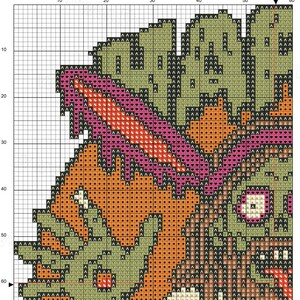 May include: Cross-stitch pattern of a zombie Jesus with a green, orange, and purple color scheme. The pattern is on a grid with numbers along the top and side.