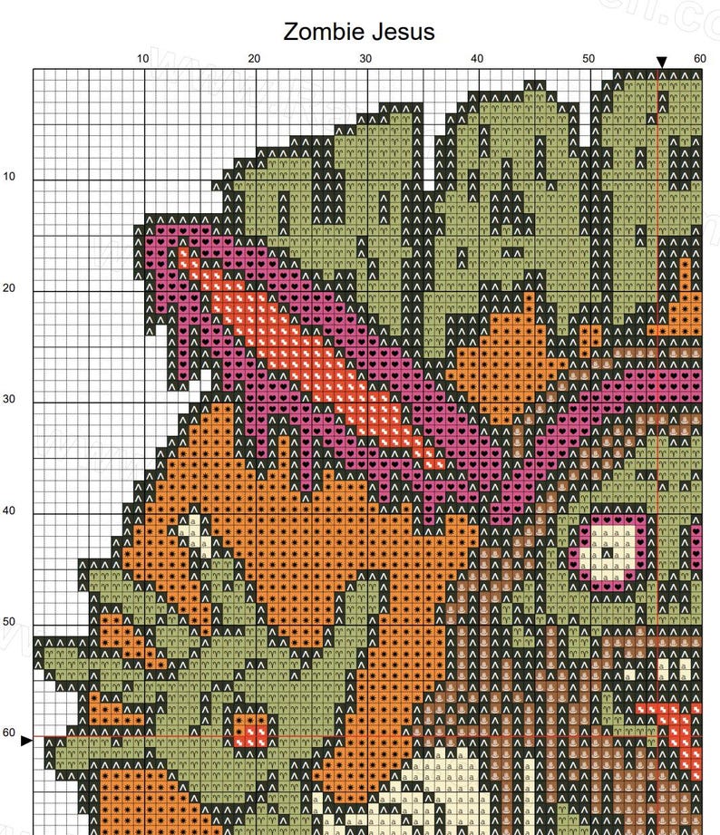 May include: Cross-stitch pattern of a zombie Jesus with a green, orange, and purple color scheme. The pattern is on a grid with numbers along the top and side.