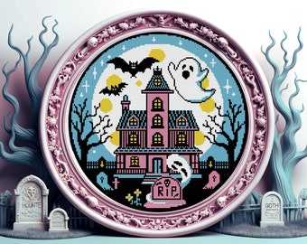 Pastel Goth Haunted House Cross Stitch Pattern Horror Gift for Goth X-Stitch Blackwork Spooky Cross Stitch Haunted House Cross Stitch Modern
