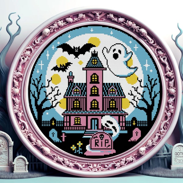 Pastel Goth Haunted House Cross Stitch Pattern Horror Gift for Goth X-Stitch Blackwork Spooky Cross Stitch Haunted House Cross Stitch Modern