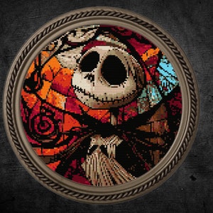 May include: A cross-stitch embroidery of Jack Skellington, the Pumpkin King from The Nightmare Before Christmas, in a stained glass style with a red, orange, and blue color scheme.