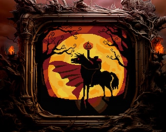 May include: A framed cross-stitch design featuring a black silhouette of a rider on horseback against a backdrop of a large, orange moon and dark trees. The rider is wearing a red cape and holding a jack-o'-lantern.