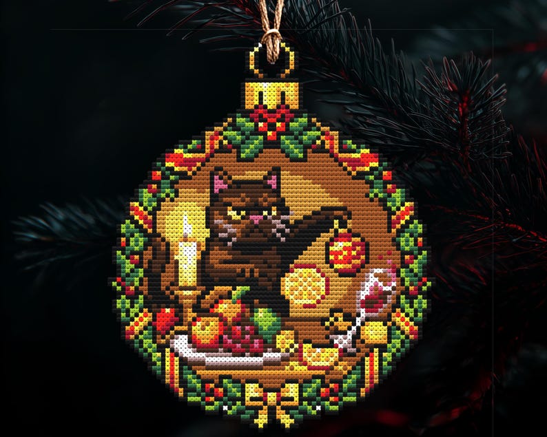 Op de afbeelding: Kruissteek kerstbal met een bruine kat die naar een rood-gouden bal grijpt. De kat is omringd door een tafel met eten, een kaars en een glas wijn. De bal is omlijst met een groene en rode krans.
