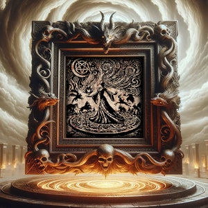 May include: A black and white illustration of a woman in a long flowing dress standing in a circle with a pentagram and other symbols. The illustration is framed in a dark ornate frame with skulls and dragon heads.