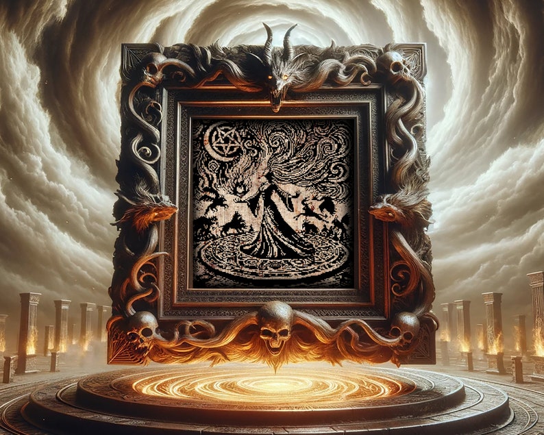 May include: A black and white illustration of a woman in a long flowing dress standing in a circle with a pentagram and other symbols. The illustration is framed in a dark ornate frame with skulls and dragon heads.