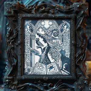 May include: Black framed cross-stitch art featuring a witch with an owl and a cat, reading from a spell book. The gothic-style artwork is in black and white, with intricate details. The frame is dark brown with ornate carvings, and a lit candle is in the background.