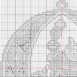 Op de afbeelding: Een kruissteekpatroonkaart met een geometrisch ontwerp. De kaart bestaat uit een raster met verschillende symbolen, waaronder letters, cijfers en speciale tekens. Het kleurenpalet is monochroom, met zwarte symbolen op een witte achtergrond.