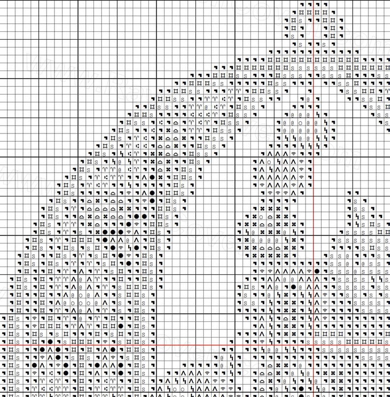 Op de afbeelding: Een kruissteekpatroonkaart met een geometrisch ontwerp. De kaart bestaat uit een raster met verschillende symbolen, waaronder letters, cijfers en speciale tekens. Het kleurenpalet is monochroom, met zwarte symbolen op een witte achtergrond.