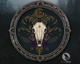 Floral Ram Skull Cross Stitch Pattern Gothic Gift for Halloween Baphomet Gothic X-Stitch Witchy Spooky Occult Mushrooms Modern PDF Pattern